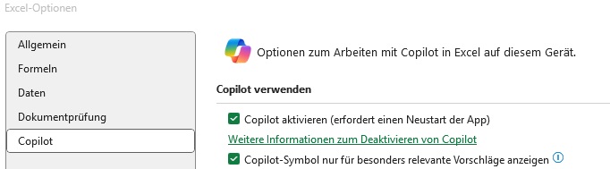 Excel-Optionen Microsoft Pilot